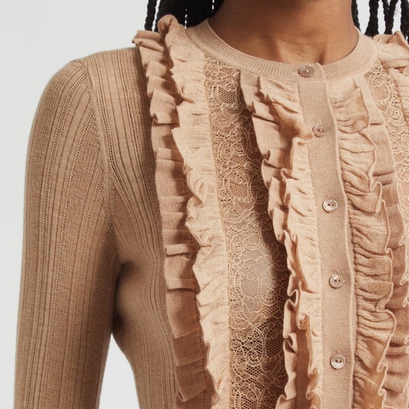 NEW Ulla Johnson Maryel Ruffle & Lace Merino Wool Cardigan in Camel Melange - Picture 4 of 11